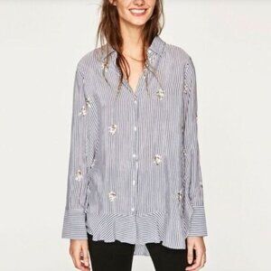 ZARA Airforce Blue Stripe Button Down Embroidered Long Top